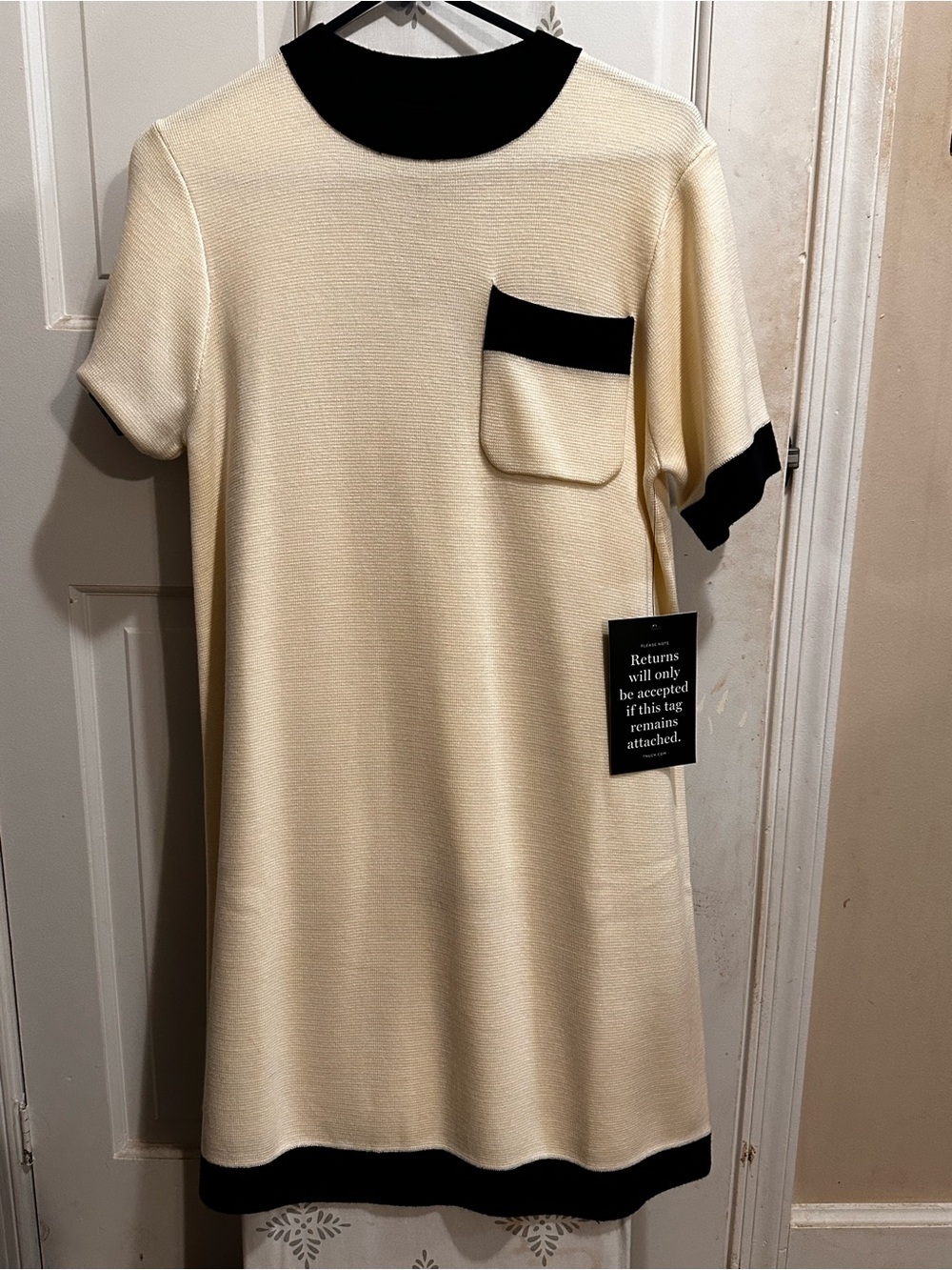 Tuckernuck Cream Short-Sleeve Shift Dress with Navy Accent Trim